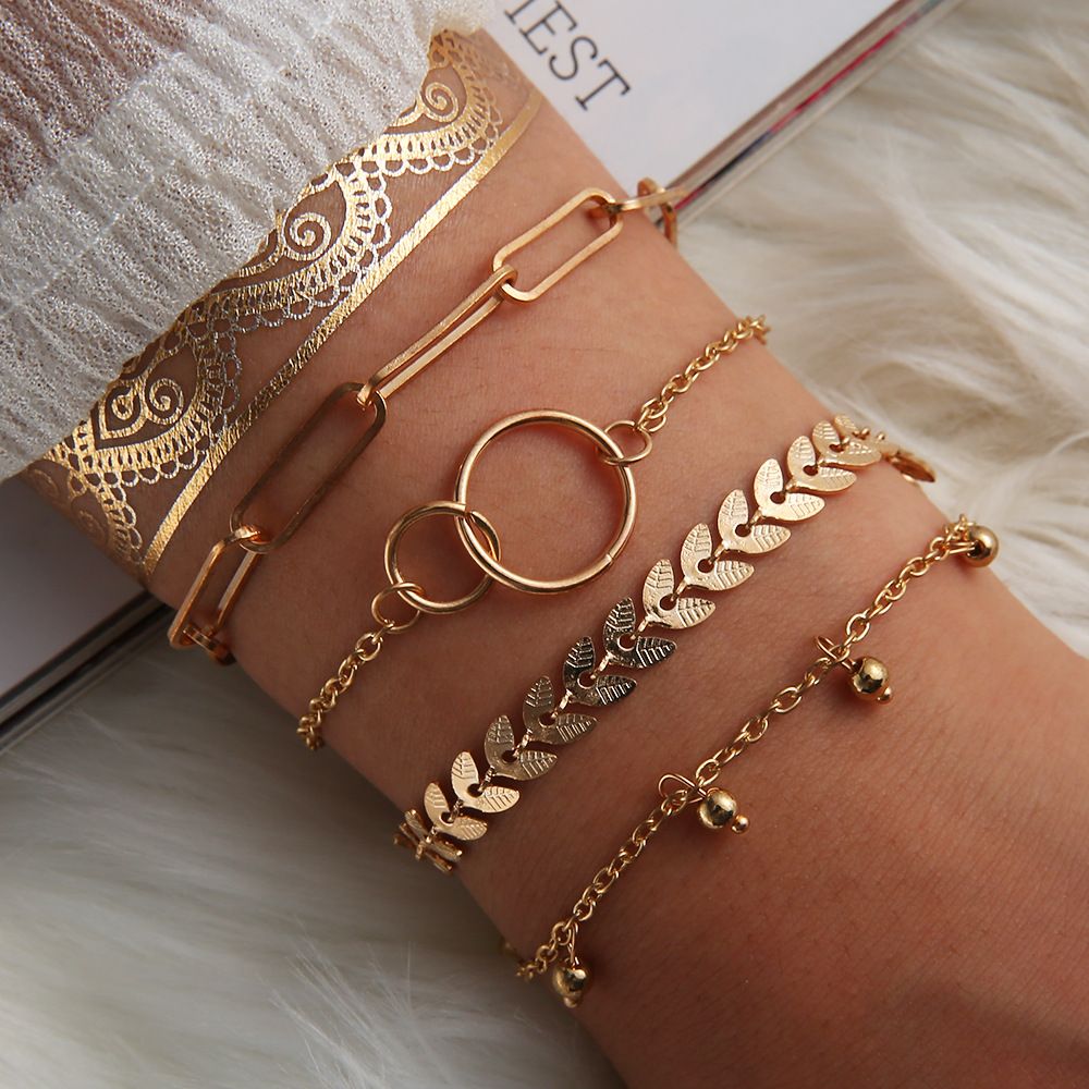 Bohemia Gold Color Leaves Bracelet Set For Women White Beads Round Charm Wrap Bangle Boho Girls Jewelry Gift A-711