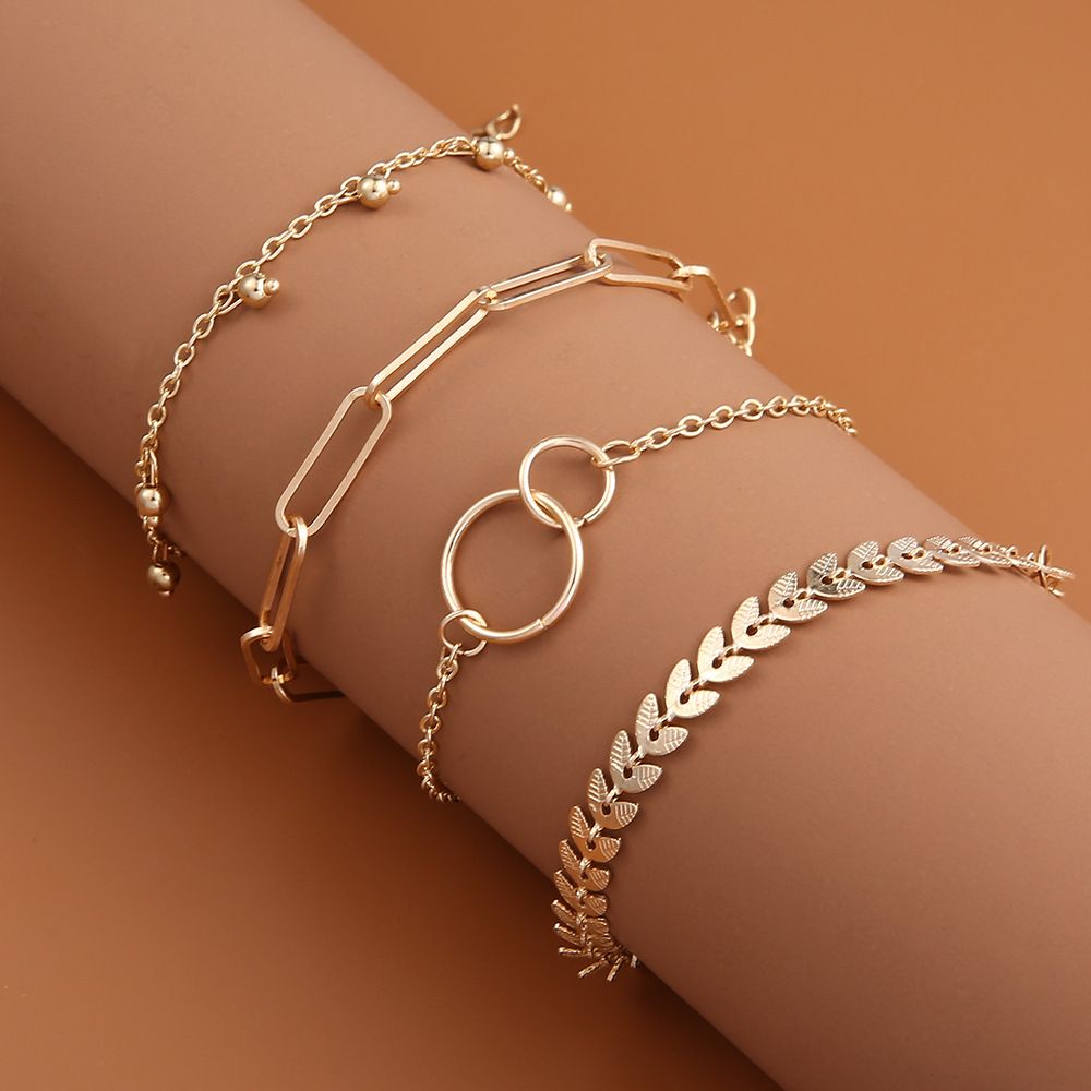 Bohemia Gold Color Leaves Bracelet Set For Women White Beads Round Charm Wrap Bangle Boho Girls Jewelry Gift A-711