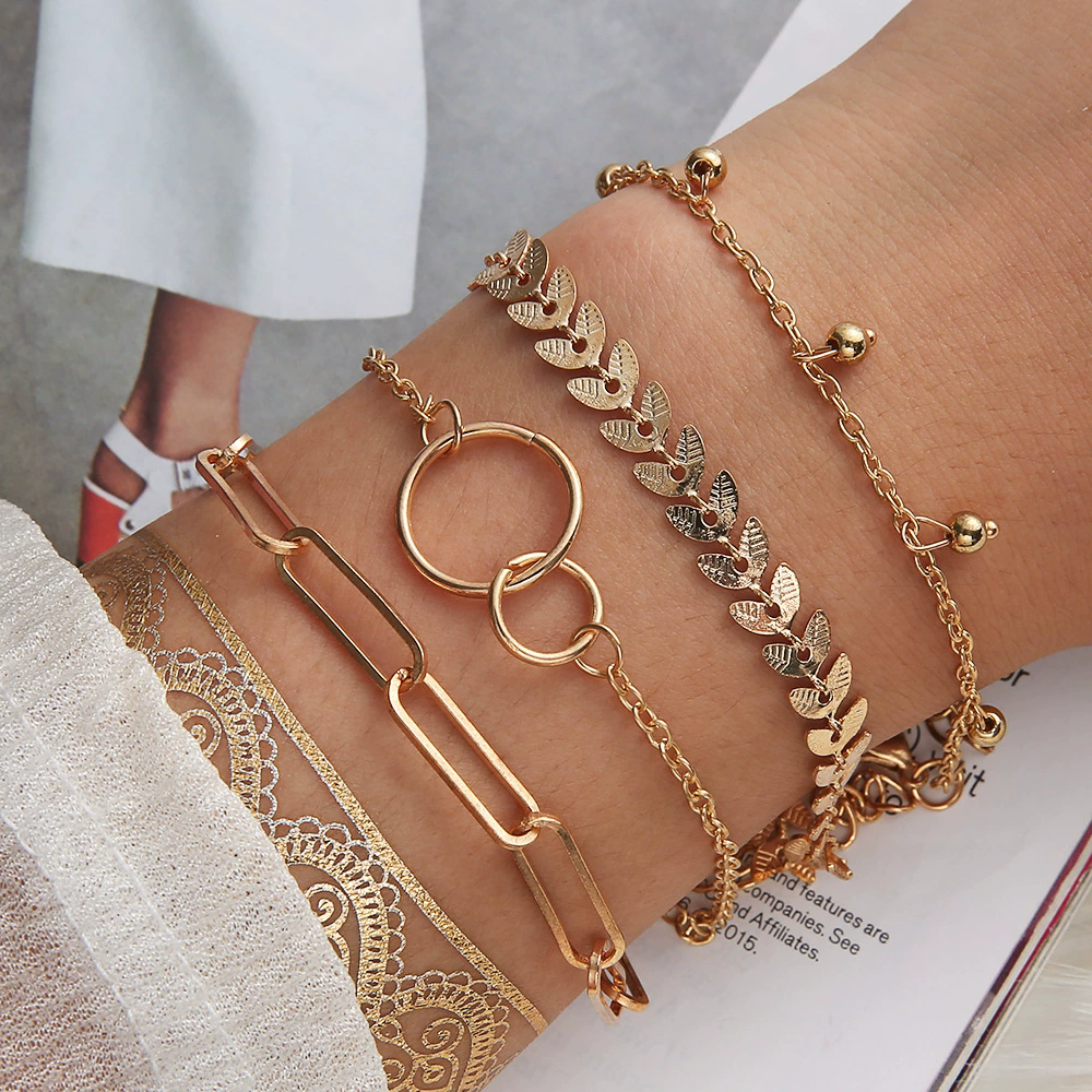 Bohemia Gold Color Leaves Bracelet Set For Women White Beads Round Charm Wrap Bangle Boho Girls Jewelry Gift A-711