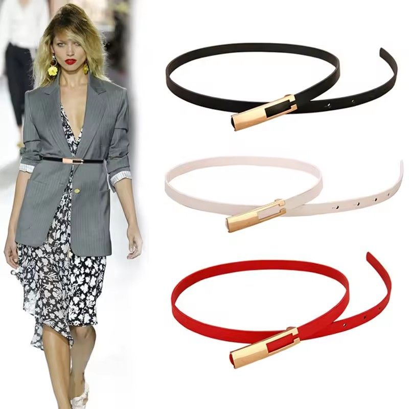 Fashion Thin Adjustable Belt Women Metal Pin Buckle PU Leather Waist Belt Black White Red Ladies Dress Coat Decoration Waistband