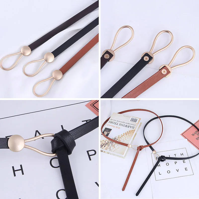 Fashion Thin Belt Golden Buckle PU Leather Belts For Women Dress Coat Waistband Casual Ladies Black Straps FZ-385