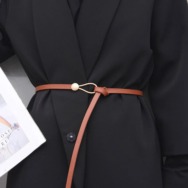Fashion Thin Belt Golden Buckle PU Leather Belts For Women Dress Coat Waistband Casual Ladies Black Straps FZ-385