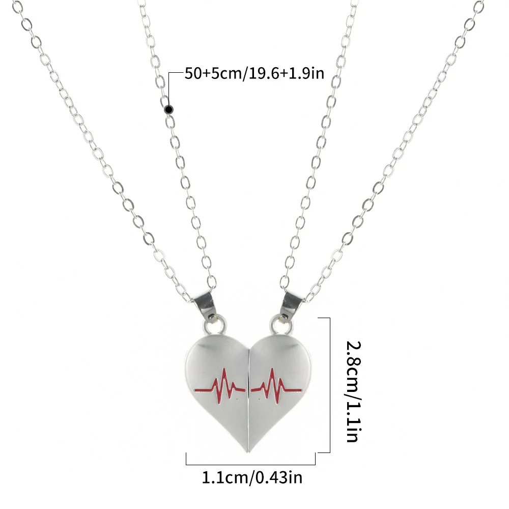 2Pcs Electrocardiogram Couple Necklaces for Lovers Boys Girls Stainless Steel Magnetic Heart Pendant Jewelry Valentines Day Gift A-1852