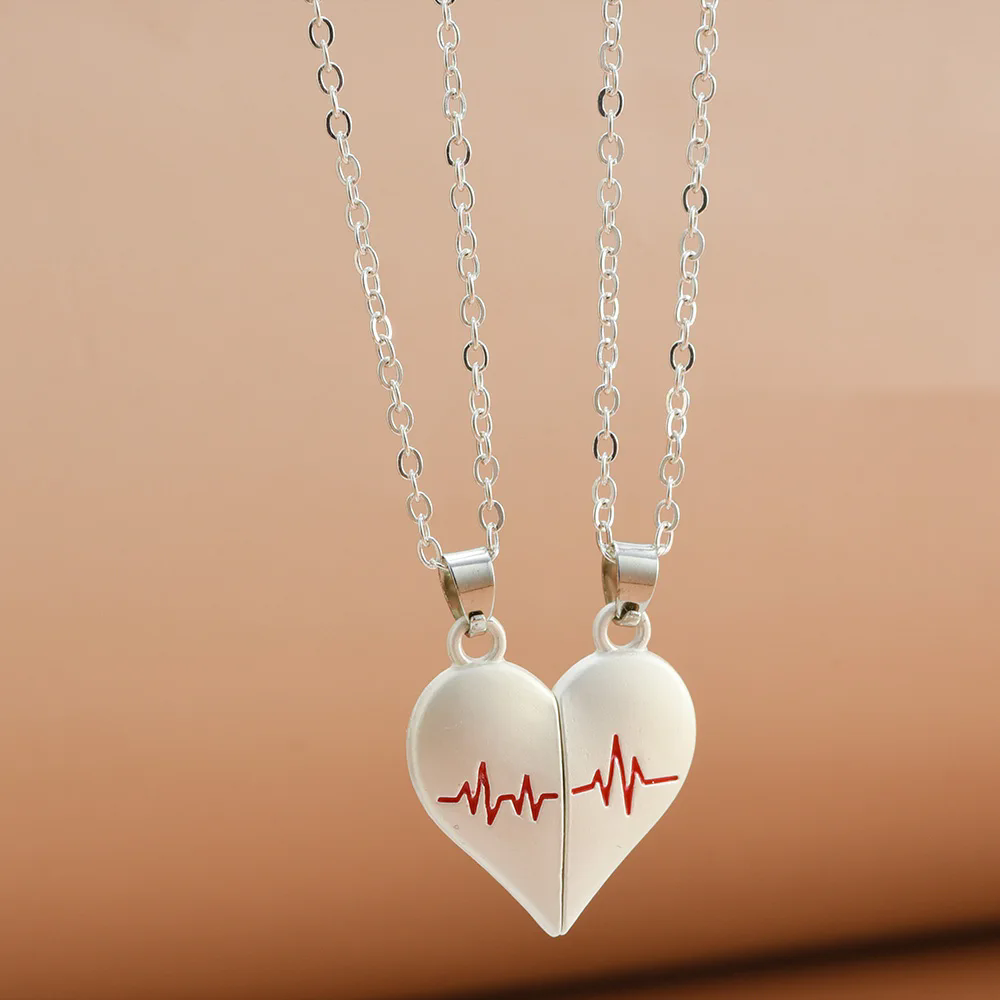 2Pcs Electrocardiogram Couple Necklaces for Lovers Boys Girls Stainless Steel Magnetic Heart Pendant Jewelry Valentines Day Gift A-1852