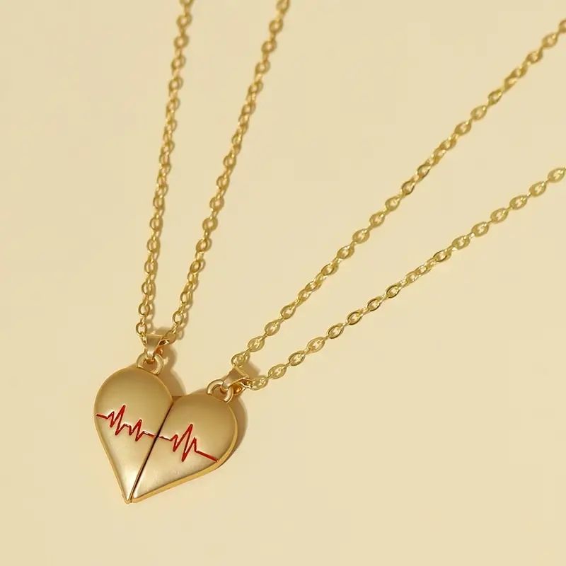 2Pcs Electrocardiogram Couple Necklaces for Lovers Boys Girls Stainless Steel Magnetic Heart Pendant Jewelry Valentines Day Gift A-1852