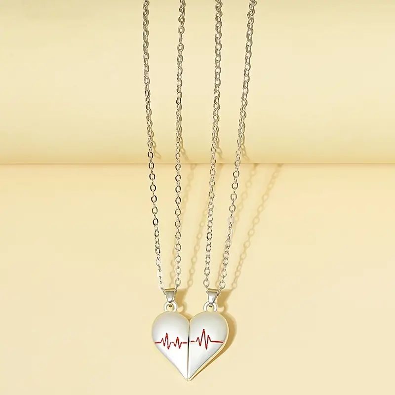 2Pcs Electrocardiogram Couple Necklaces for Lovers Boys Girls Stainless Steel Magnetic Heart Pendant Jewelry Valentines Day Gift A-1852