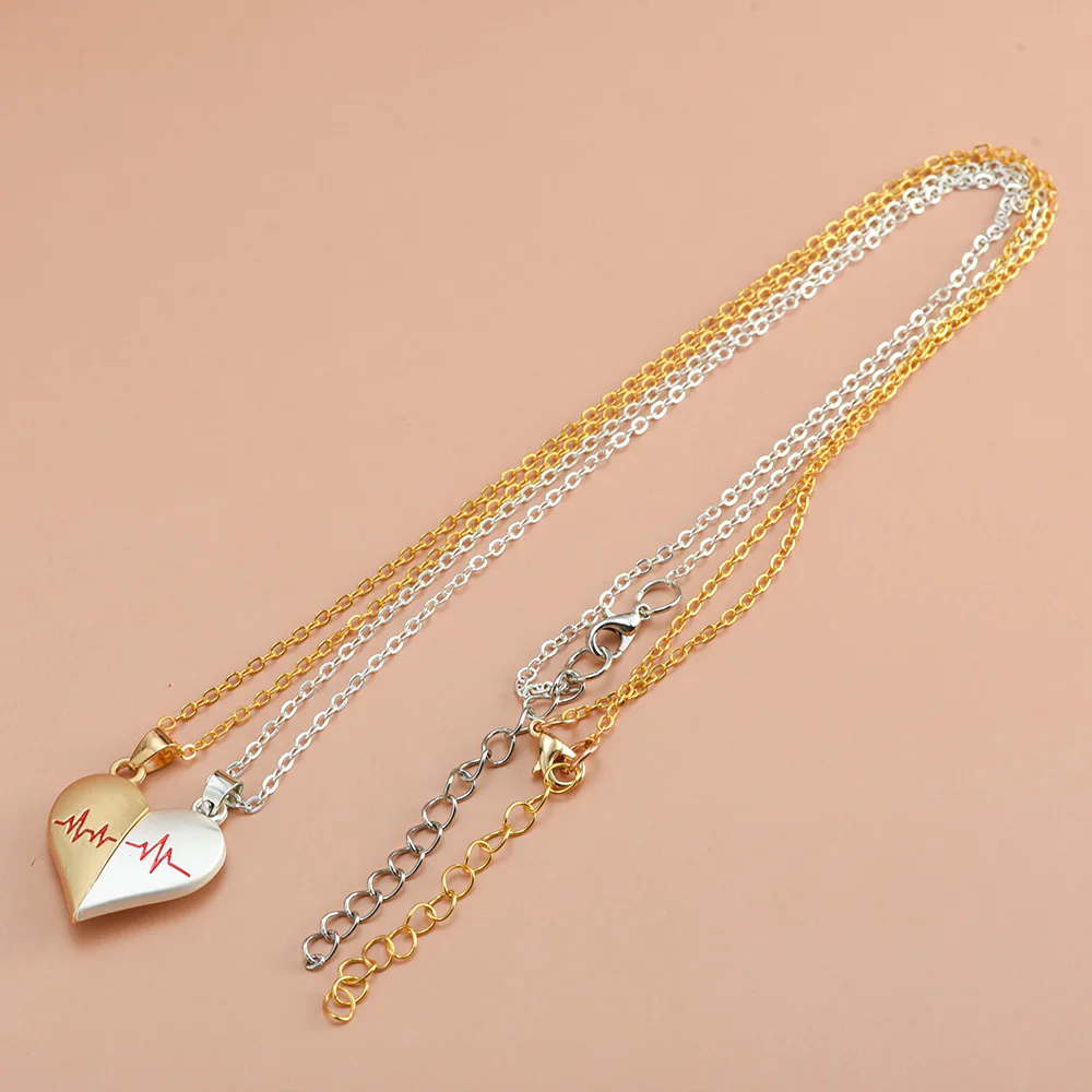 2Pcs Electrocardiogram Couple Necklaces for Lovers Boys Girls Stainless Steel Magnetic Heart Pendant Jewelry Valentines Day Gift A-1852