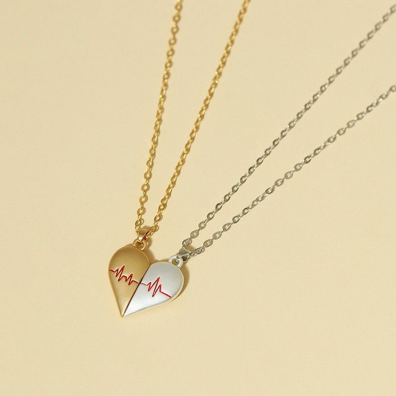 2Pcs Electrocardiogram Couple Necklaces for Lovers Boys Girls Stainless Steel Magnetic Heart Pendant Jewelry Valentines Day Gift A-1852