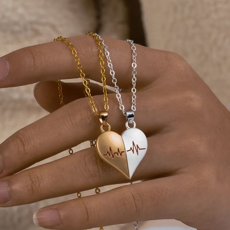 2Pcs Electrocardiogram Couple Necklaces for Lovers Boys Girls Stainless Steel Magnetic Heart Pendant Jewelry Valentines Day Gift A-1852