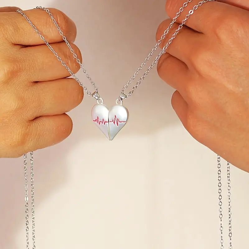 2Pcs Electrocardiogram Couple Necklaces for Lovers Boys Girls Stainless Steel Magnetic Heart Pendant Jewelry Valentines Day Gift A-1852