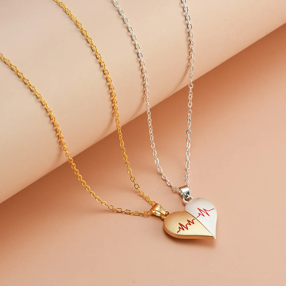 2Pcs Electrocardiogram Couple Necklaces for Lovers Boys Girls Stainless Steel Magnetic Heart Pendant Jewelry Valentines Day Gift A-1852
