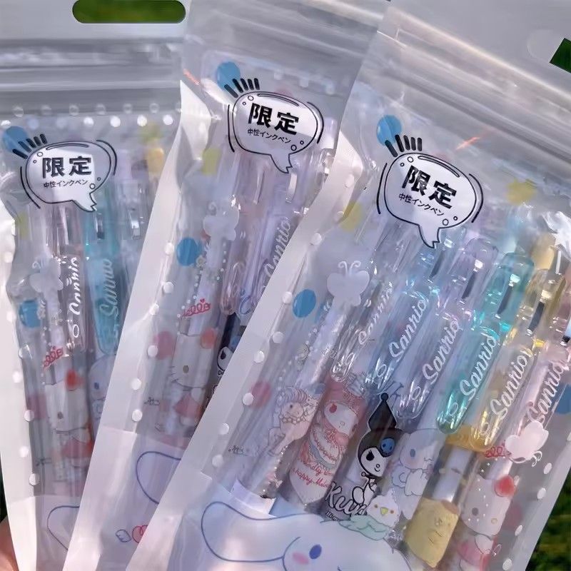 6pcs 0.55mm Sanrio Hello Kitty Cinnamoroll Kuromi Melody Gel Pen Cartoon Cute Press Pen Black Refill School Stationery Supplies