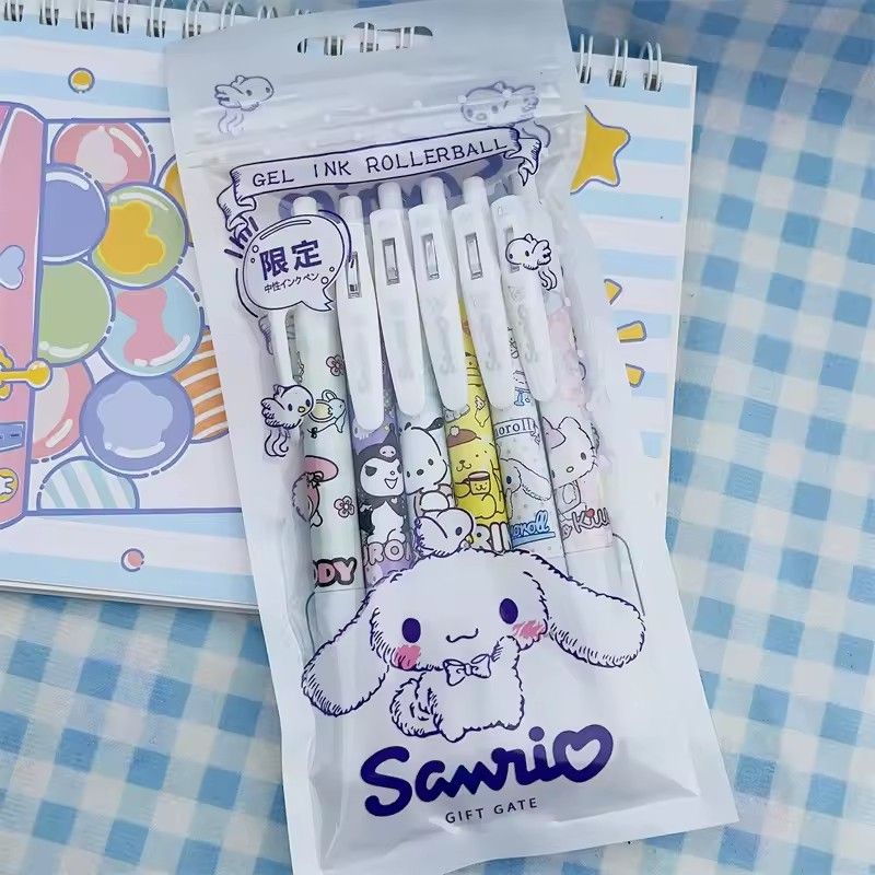 6pcs 0.55mm Sanrio Hello Kitty Cinnamoroll Kuromi Melody Gel Pen Cartoon Cute Press Pen Black Refill School Stationery Supplies