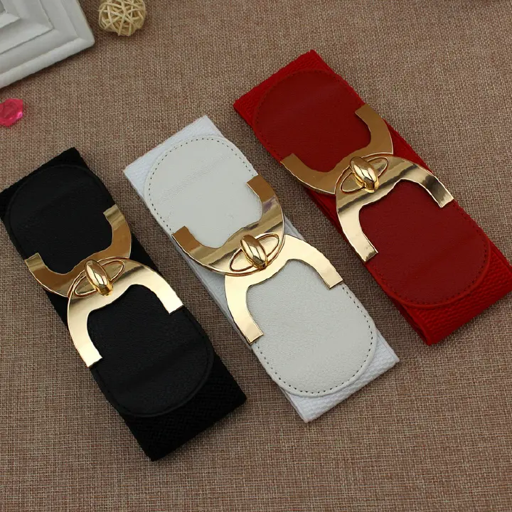 Fashion Girdle for Dress Black Red Camel Womens Multicolor Elastic Waistband Metal Double Circle Belt Summer Style FZ-335