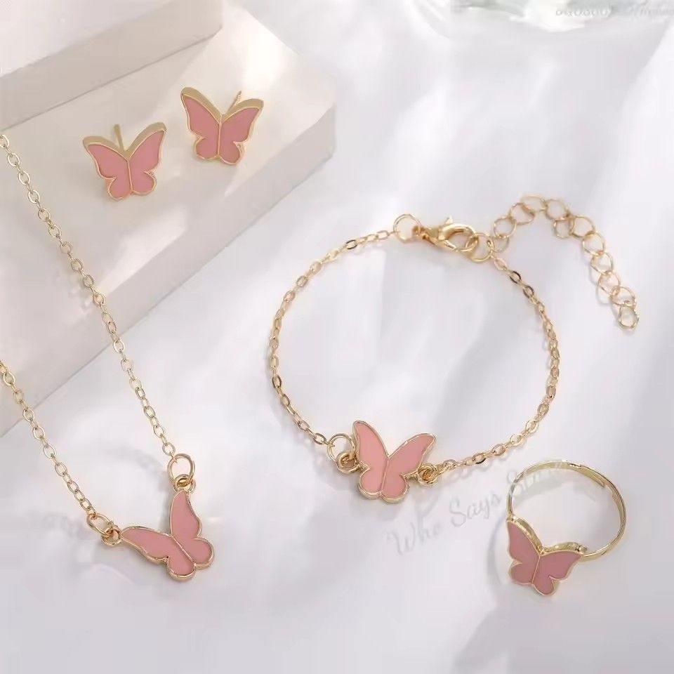 Butterfly Jewelry Sets Crystal Acrylic Romantic Bracelet Ring Necklace Earring Set for Women Wedding Dinner Dress Accessories A-2057