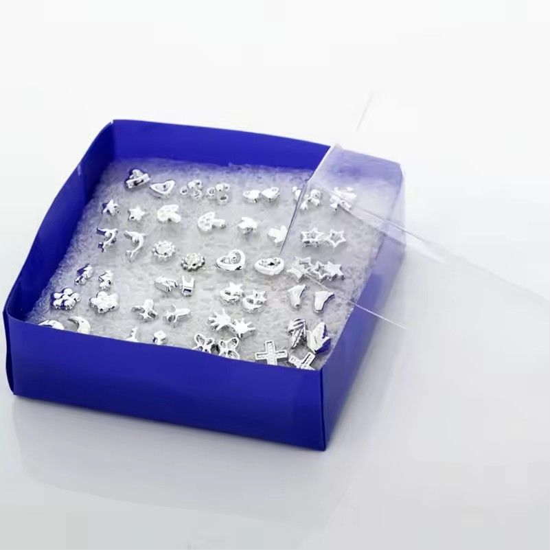 24 Pairs Silver Earrings Cross Heart Star Flower Different Shapes Ear Stud Earrings