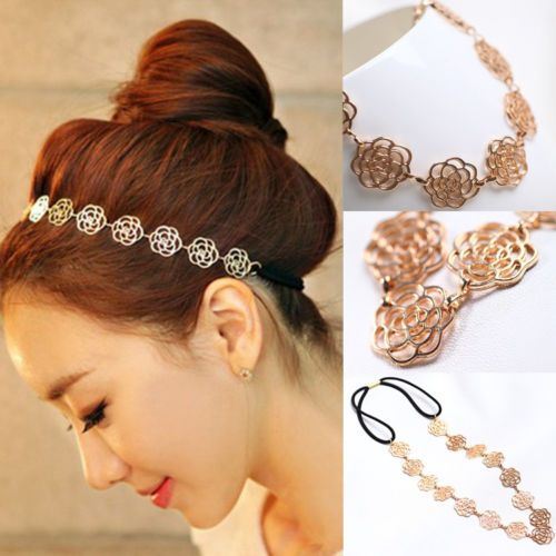 New Fashion Lovely Metallic Women Hollow Rose Flower Elastic Hair Head Band Headband Headwear Accessories A-85