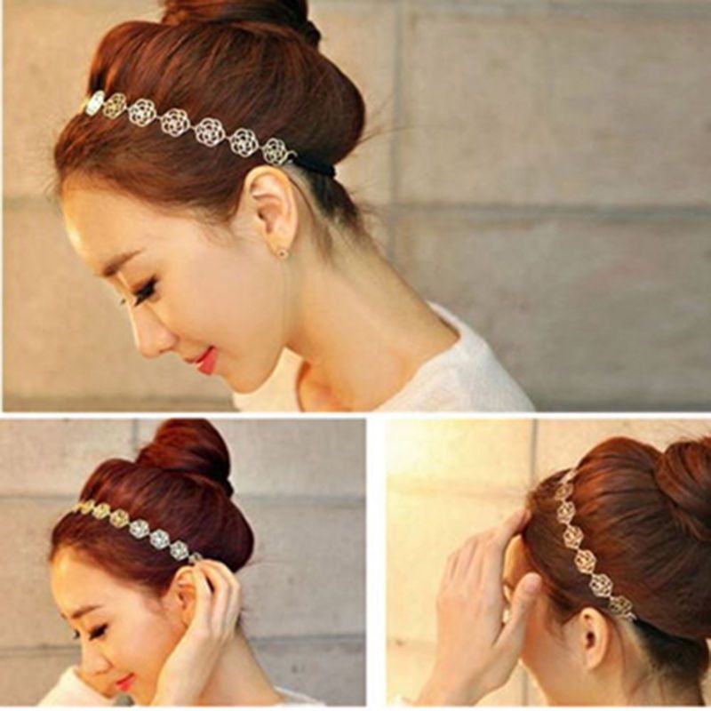 New Fashion Lovely Metallic Women Hollow Rose Flower Elastic Hair Head Band Headband Headwear Accessories A-85