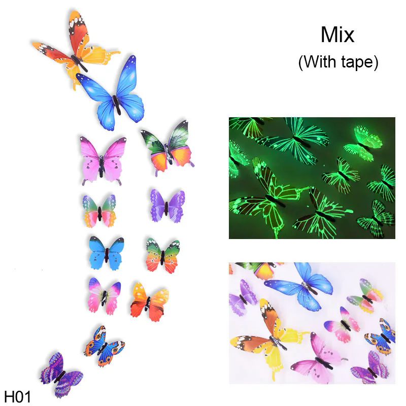 12 Luminous 3D Butterfly Wall Sticker for Kids Bedroom Home Living Room Fridge Wall Decal Glow in Dark Wallpaper Decoration D4-6-3