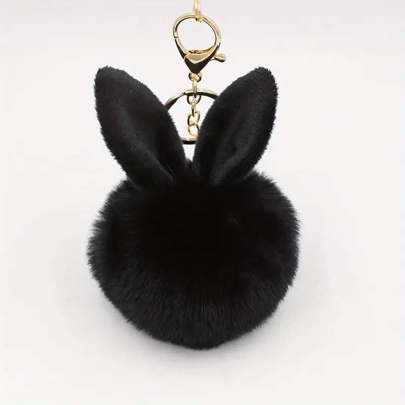 1pc Rabbit Ears Fur Ball Keyring For Men, Fluffy Fur Ball Keychain For Car Keyring, Student Bag Accessory A-1