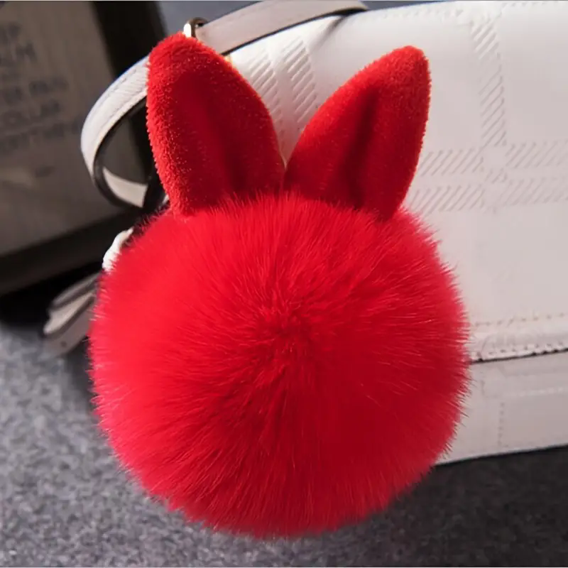 1pc Rabbit Ears Fur Ball Keyring For Men, Fluffy Fur Ball Keychain For Car Keyring, Student Bag Accessory A-1