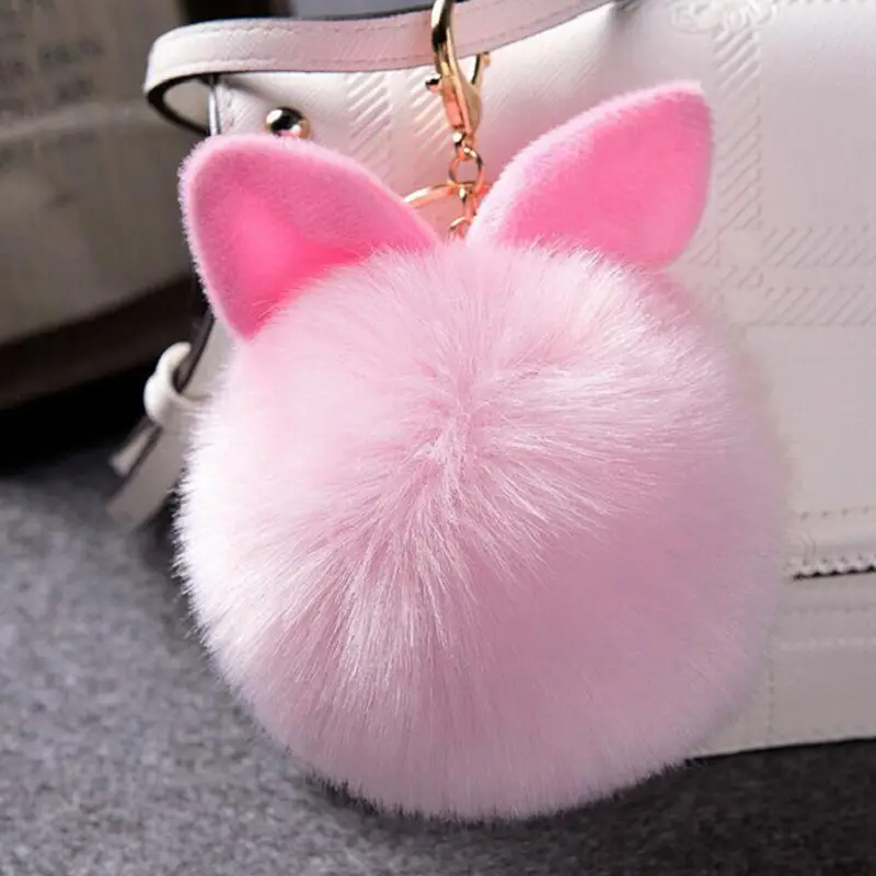 1pc Rabbit Ears Fur Ball Keyring For Men, Fluffy Fur Ball Keychain For Car Keyring, Student Bag Accessory A-1