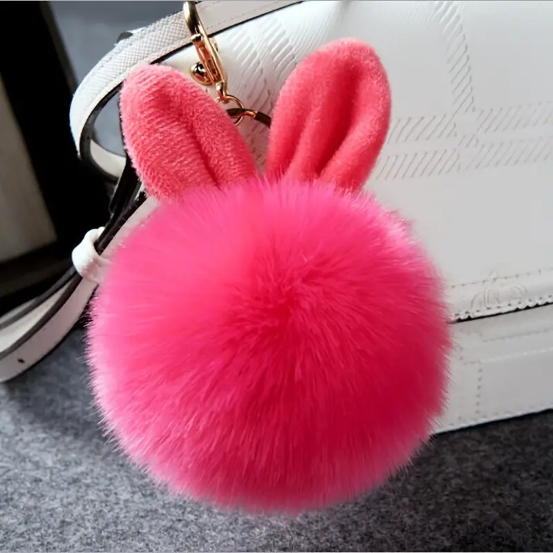 1pc Rabbit Ears Fur Ball Keyring For Men, Fluffy Fur Ball Keychain For Car Keyring, Student Bag Accessory A-1