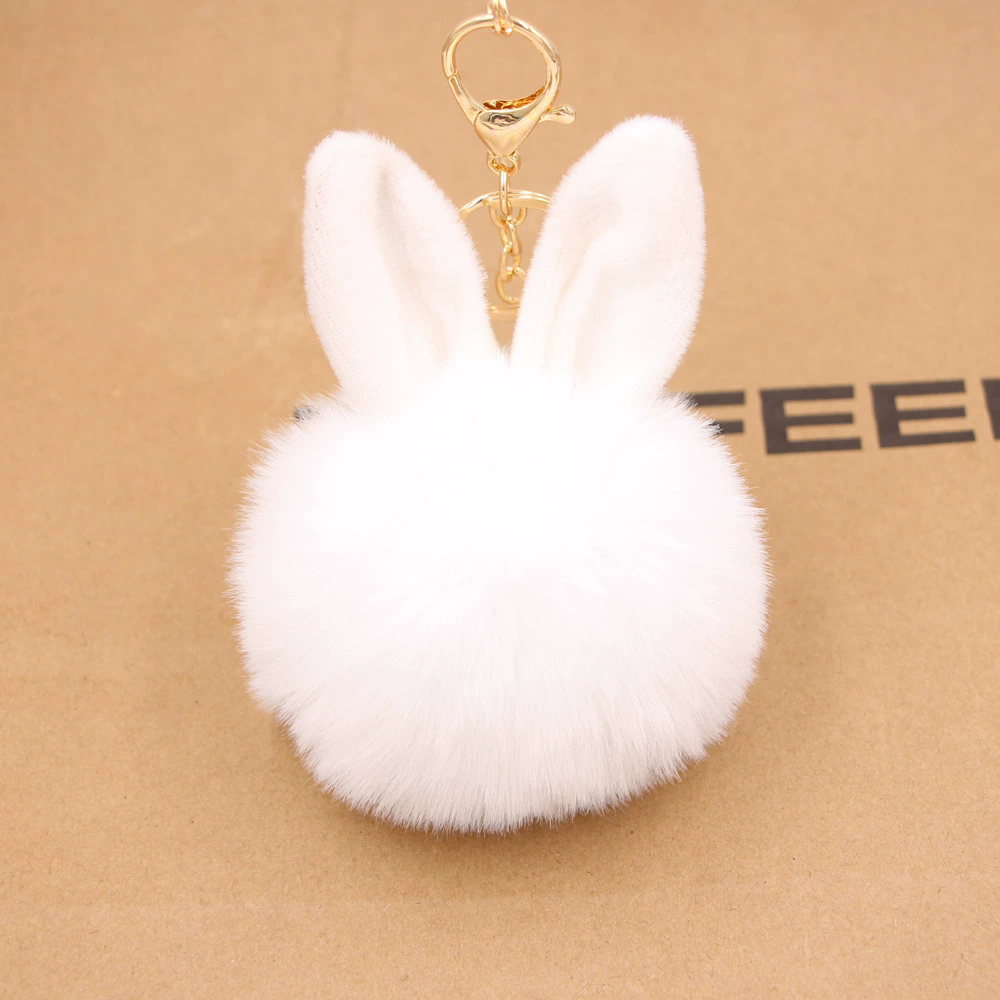 1pc Rabbit Ears Fur Ball Keyring For Men, Fluffy Fur Ball Keychain For Car Keyring, Student Bag Accessory A-1