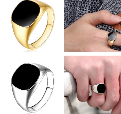 Vintage Men's Classic Punk Ring Imitation Black Enamel Black Stone Gold-plated Silver Black Enamel Ring A-1046