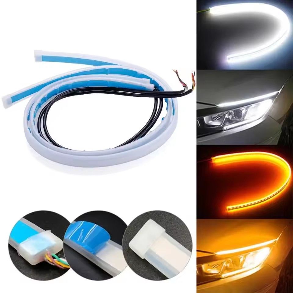 1pc 60CM LED DRL Car Daytime Running Light Flexible Waterproof Strip Auto Headlights White Turn Signal Yellow Brake Flow Lights 12V