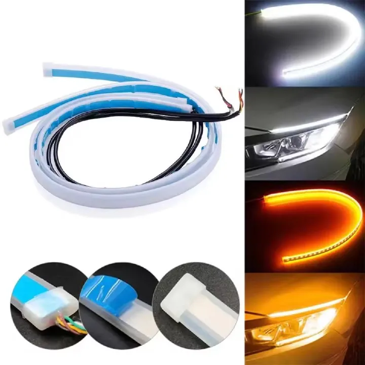 1pc 60CM LED DRL Car Daytime Running Light Flexible Waterproof Strip Auto Headlights White Turn Signal Yellow Brake Flow Lights 12V