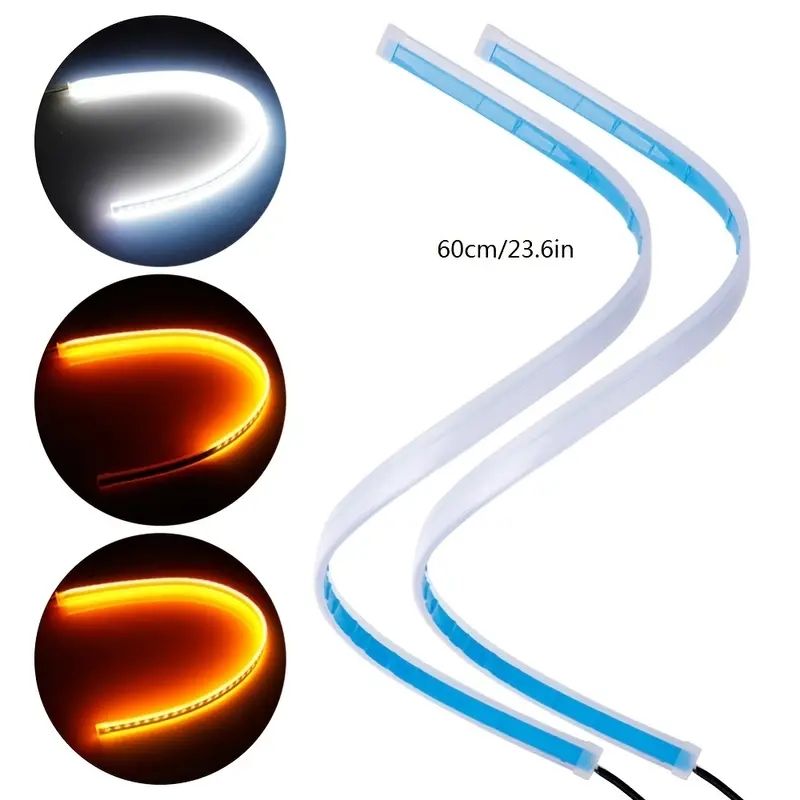 1pc 60CM LED DRL Car Daytime Running Light Flexible Waterproof Strip Auto Headlights White Turn Signal Yellow Brake Flow Lights 12V