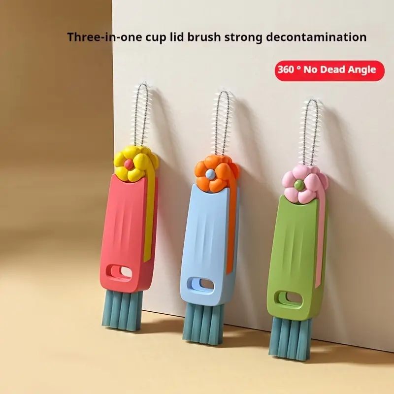 3-in-1 Cute Petal Cup Lid Cleaning Brush Set Mini Cup Bottle Cleaning Brush PP Colorful Flower Travel and Home Mini Cleaner
