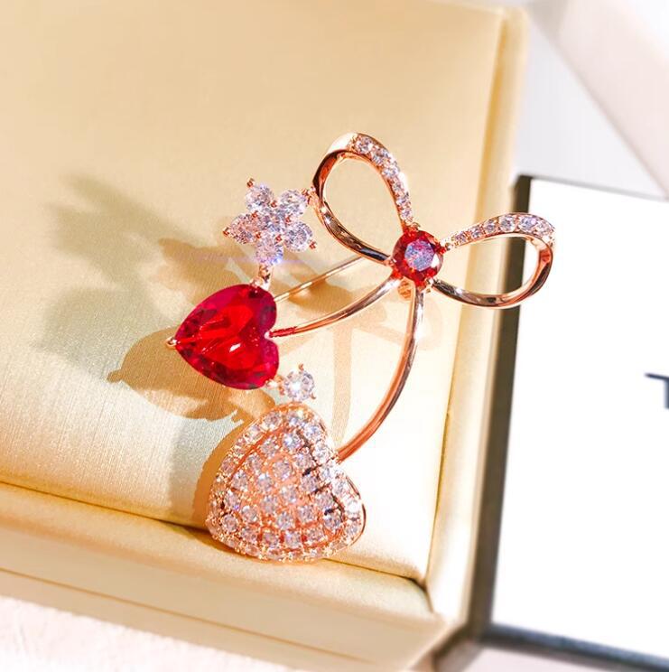 Love sparkling diamond plant flower bow brooch, niche fashion chest flower,  heavy industry elegant accessories for women