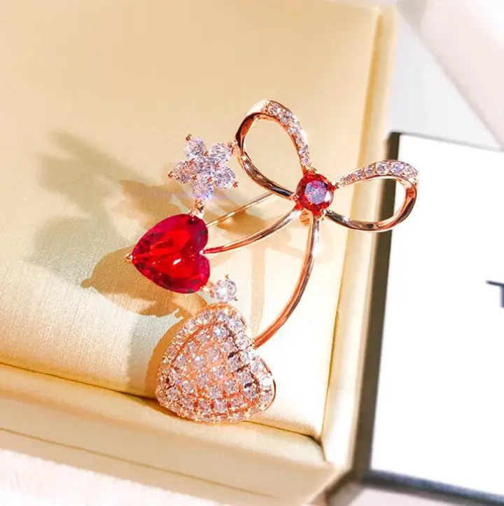 Love sparkling diamond plant flower bow brooch, niche fashion chest flower,  heavy industry elegant accessories for women
