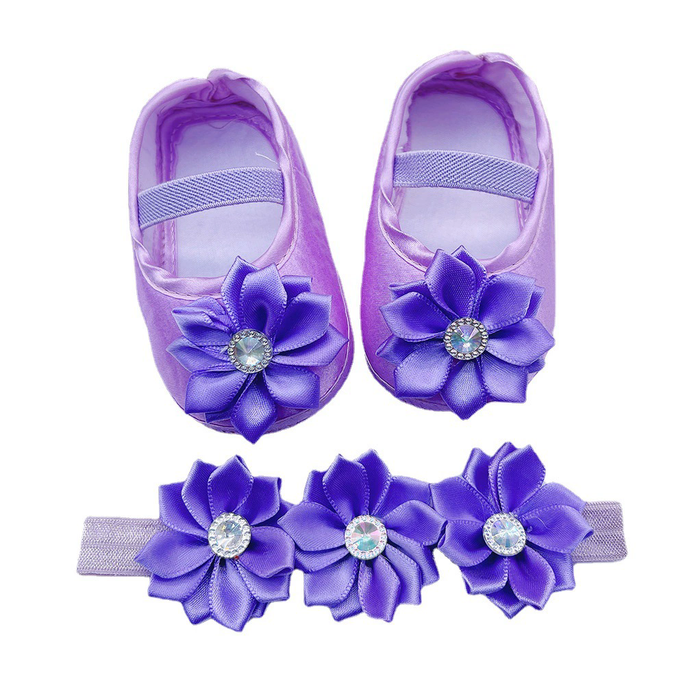 Baby Girls Shoes with Hairband Solid Sweet Flower Decor Princess Shoes Soft Sole Anti-Slip First Walkers Infant Floor Crib Shoes
