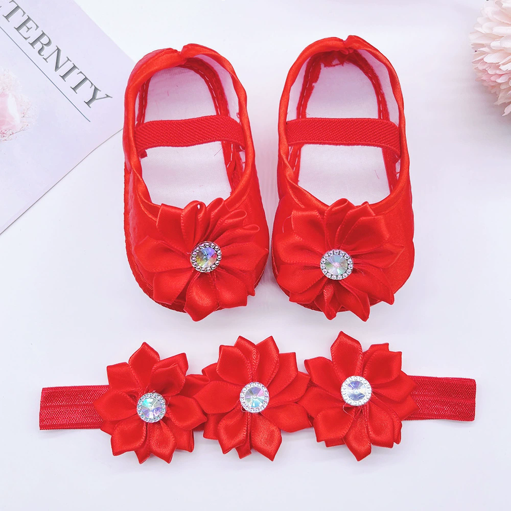 Baby Girls Shoes with Hairband Solid Sweet Flower Decor Princess Shoes Soft Sole Anti-Slip First Walkers Infant Floor Crib Shoes