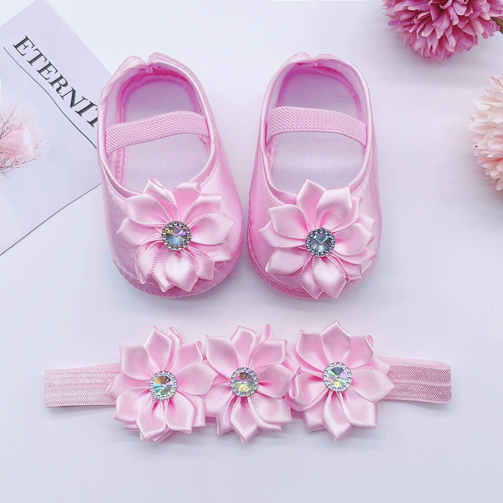 Baby Girls Shoes with Hairband Solid Sweet Flower Decor Princess Shoes Soft Sole Anti-Slip First Walkers Infant Floor Crib Shoes