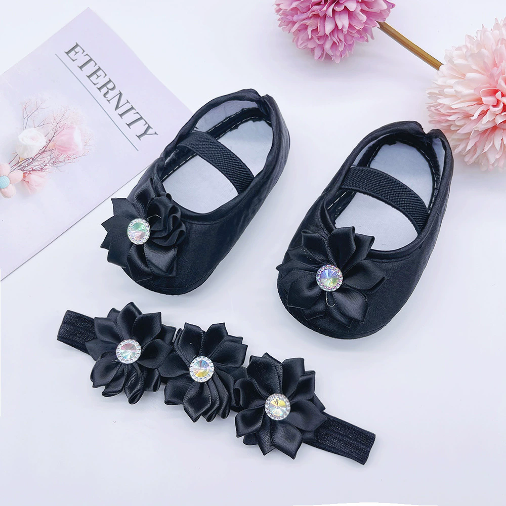 Baby Girls Shoes with Hairband Solid Sweet Flower Decor Princess Shoes Soft Sole Anti-Slip First Walkers Infant Floor Crib Shoes