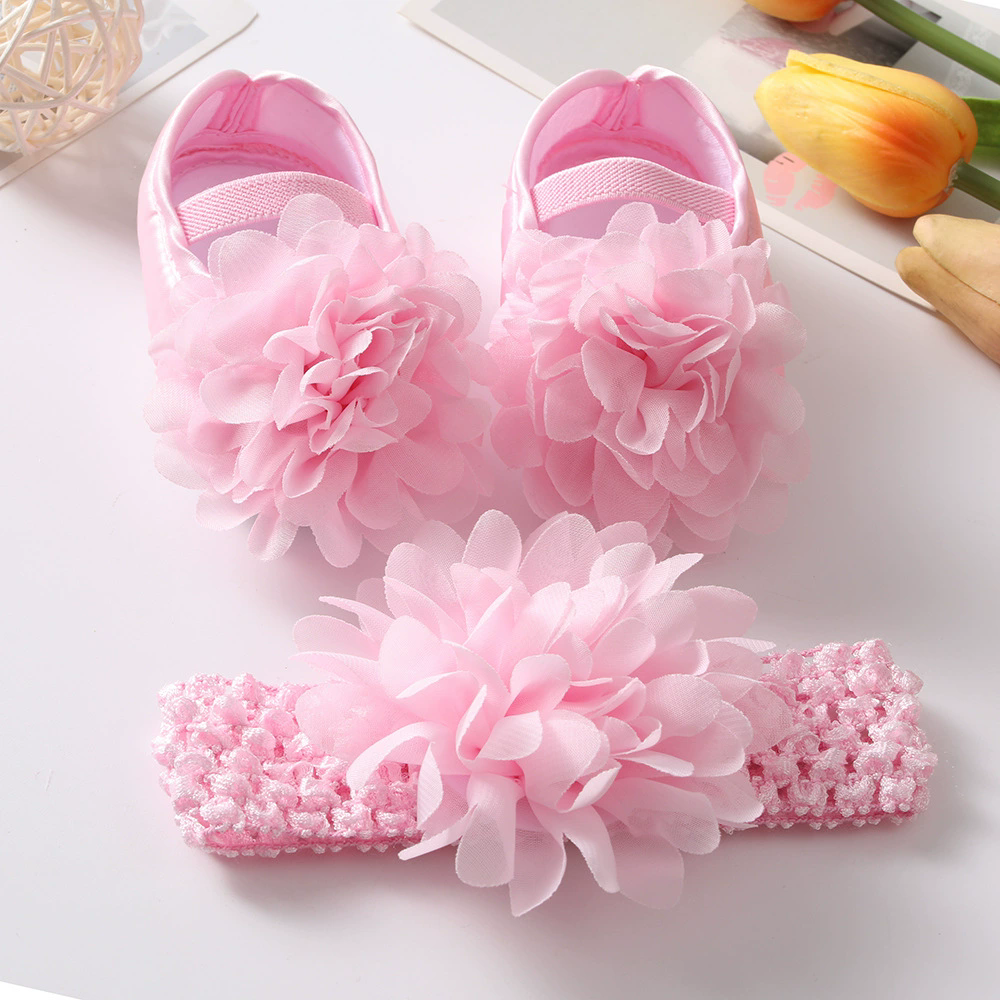 Spring Infant Baby Girl Shoes Newborn Lace Flowers Headband Anti-Slip Soft Sole First Walkers Toddler Kids Cotton Baptism Shoes