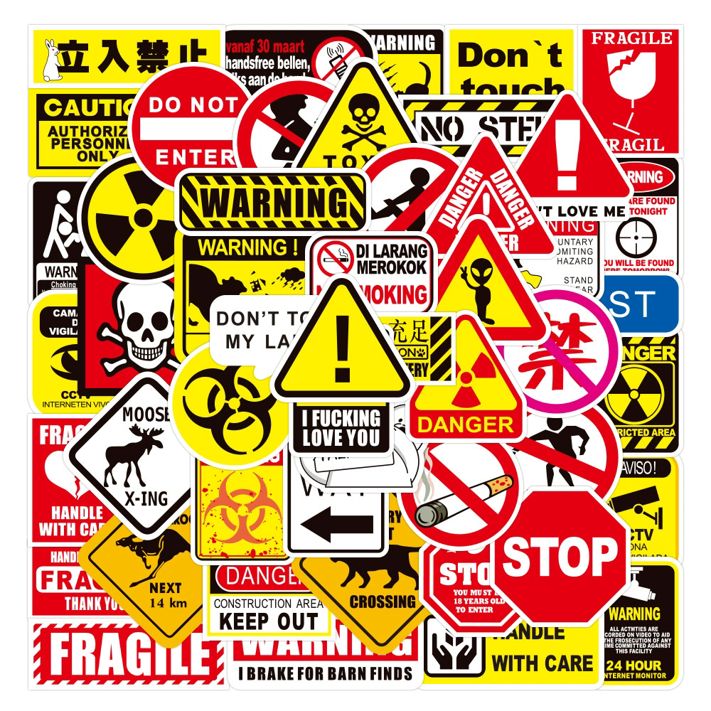 50PCS Warning Stickers Danger Banning Skateboard Fridge Guitar Laptop Motorcycle Travel Classic Toy Cool Decals Sticker