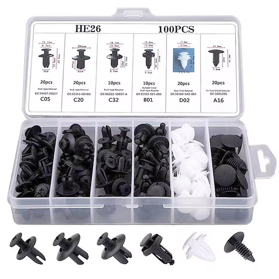 6 Size 100pcs Auto Fastener Car Clips Mixed Body Push Retainer Pin Rivet Bumper Door Trim Panel Retainer Fastener Kit E-1129