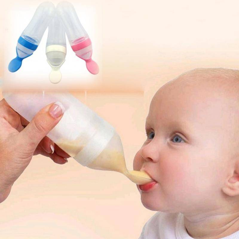 90ml Silicone Baby Feeding Bottle With Spoon Food Supplement Rice Cereal Bottle Baby Squeeze Spoon Silica Gel Spoon
M--35