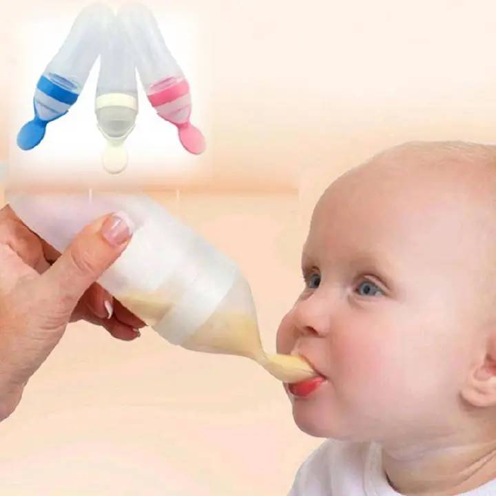 90ml Silicone Baby Feeding Bottle With Spoon Food Supplement Rice Cereal Bottle Baby Squeeze Spoon Silica Gel Spoon
M--35