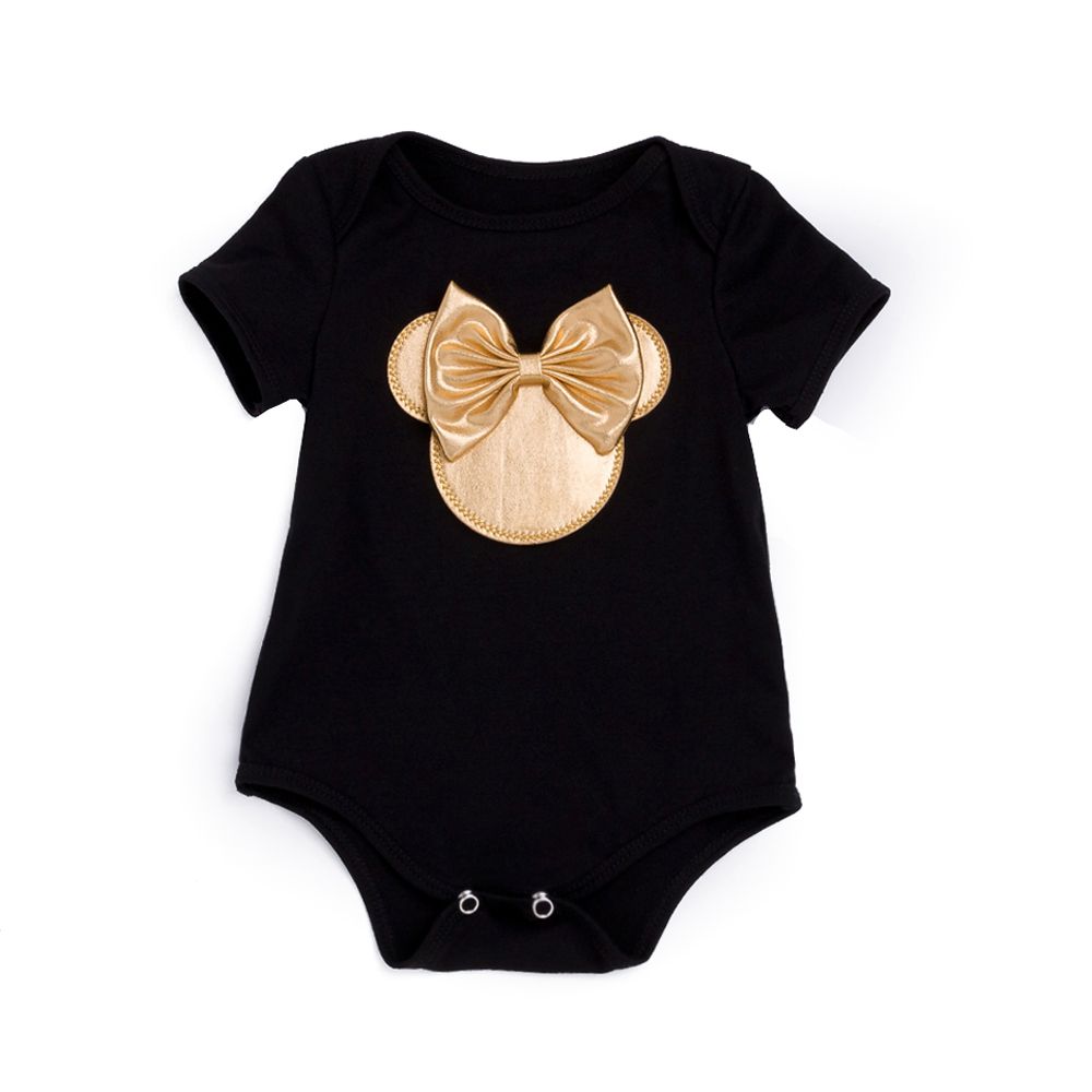 Baby Girl Clothes 3pcs Clothing Sets Black Cotton Rompers Golden Ruffle Bloomers Shorts Shoes Headband Newborn Clothes