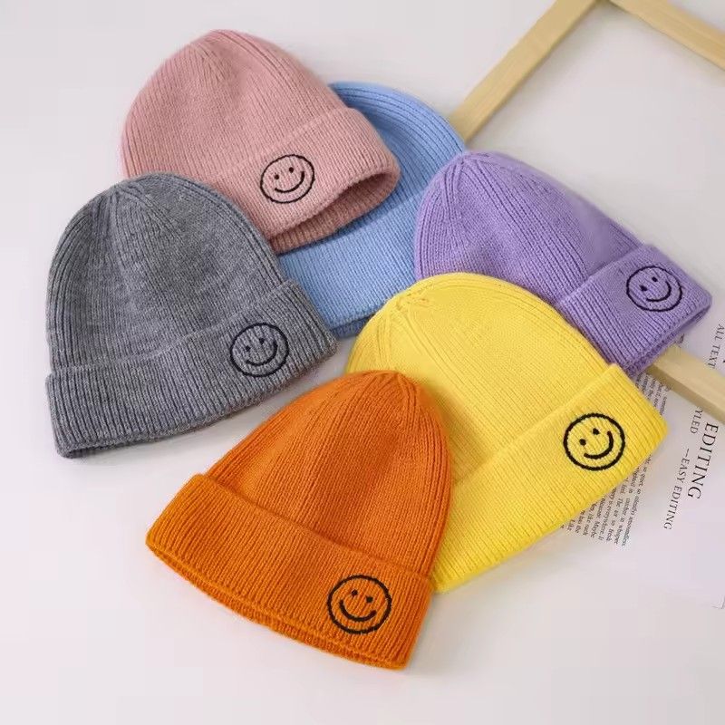 Baby Hat Solid Color Boy Girl Cartoon Smile Embroidery Winter Kids Knitted Hats Children  Warm Beanies Child Caps For Babies