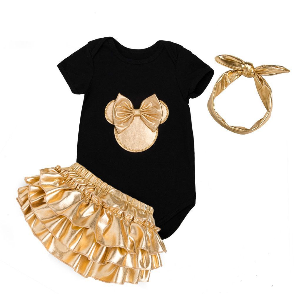 Baby Girl Clothes 3pcs Clothing Sets Black Cotton Rompers Golden Ruffle Bloomers Shorts Shoes Headband Newborn Clothes
