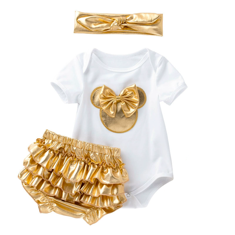 Baby Girl Clothes 3pcs Clothing Sets Black Cotton Rompers Golden Ruffle Bloomers Shorts Shoes Headband Newborn Clothes