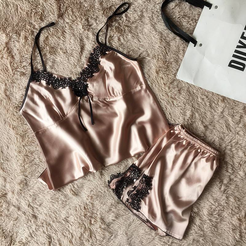 sexy women's lace silk satin pajamas sets free shipping 2017 new design short pants pyjamas sets V-neck suspenders pijamas sets FZ-140