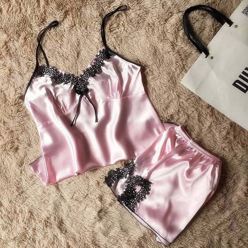 sexy women's lace silk satin pajamas sets free shipping 2017 new design short pants pyjamas sets V-neck suspenders pijamas sets FZ-140